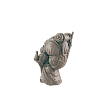 A miniature figurine of a stout figure carries a large backpack, appearing to travel.  The figure holds a small object, possibly a flask or bottle.