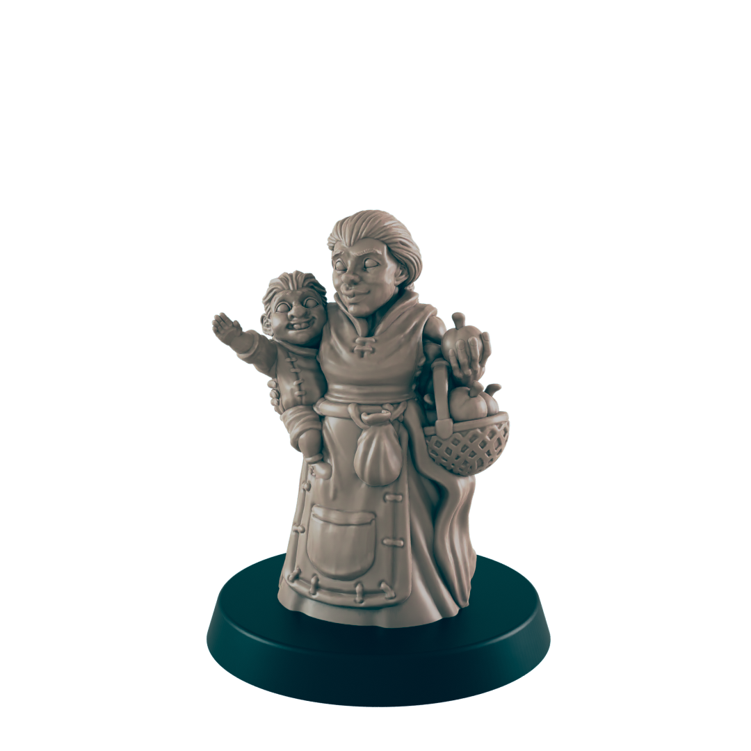 A woman stands smiling, carrying a child and a basket full of fruit. The miniature is monochrome and stands on a round, black base against a black background.