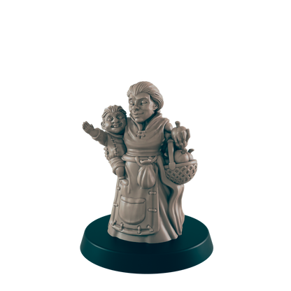 A woman stands smiling, carrying a child and a basket full of fruit. The miniature is monochrome and stands on a round, black base against a black background.