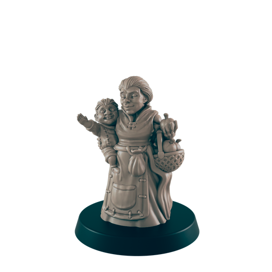 A woman stands smiling, carrying a child and a basket full of fruit. The miniature is monochrome and stands on a round, black base against a black background.