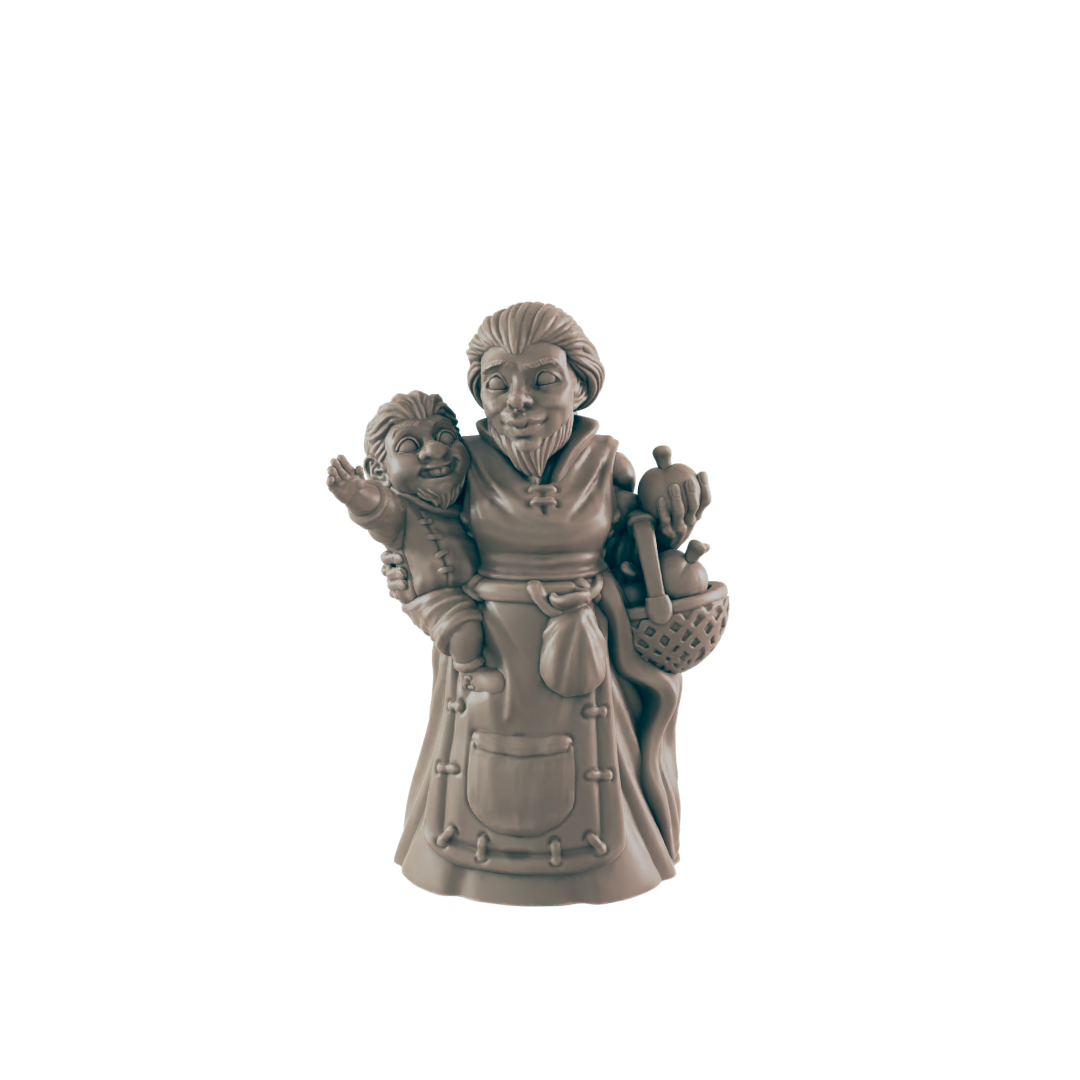 A female gnome figure cradles a small gnome child on her hip and has a basket of goods under her arm, standing in a simple setting.
