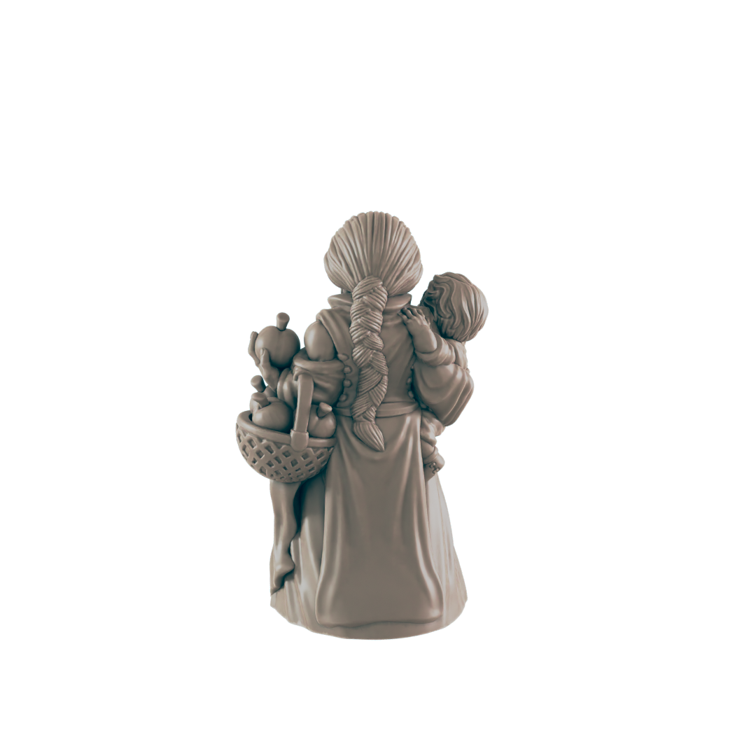 A miniature figurine of a woman carries a child and a basket of fruit;  her back is to the viewer; against a dark background.