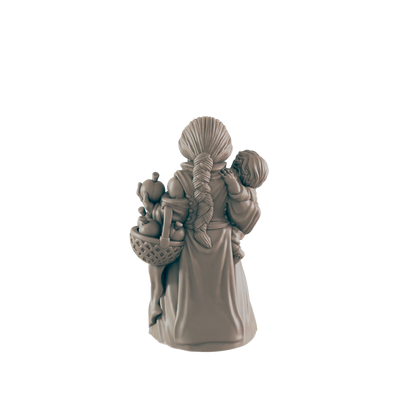 A miniature figurine of a woman carries a child and a basket of fruit;  her back is to the viewer; against a dark background.