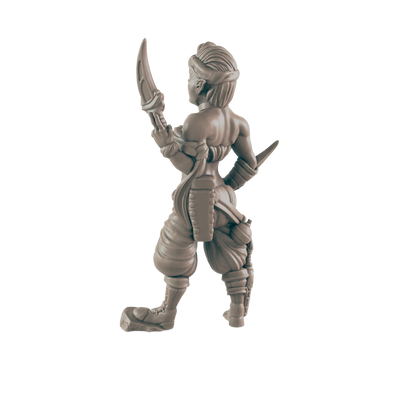 A miniature female figure, wielding a curved blade and a dagger, stands in a dynamic pose against a black background.