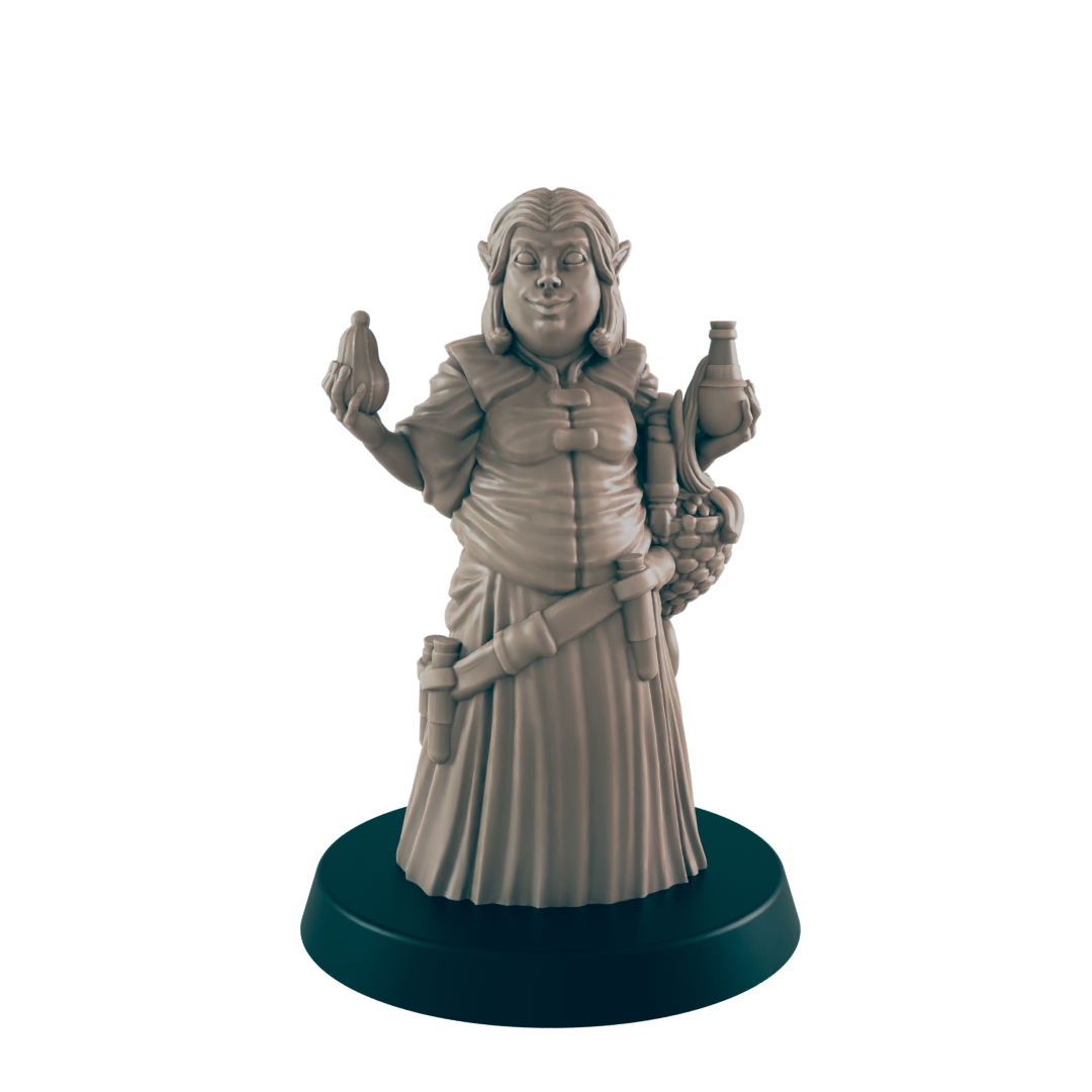 A miniature figurine of a stout, female elf stands on a dark circular base.  She holds a small object in one hand and a bottle in the other, with a satchel at her side.