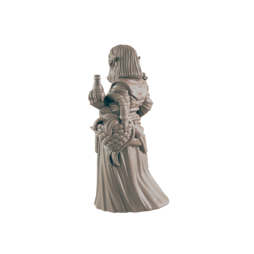 A miniature figurine of a woman, carrying a bottle and basket, stands against a dark background.