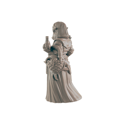A miniature figurine of a woman, carrying a bottle and basket, stands against a dark background.