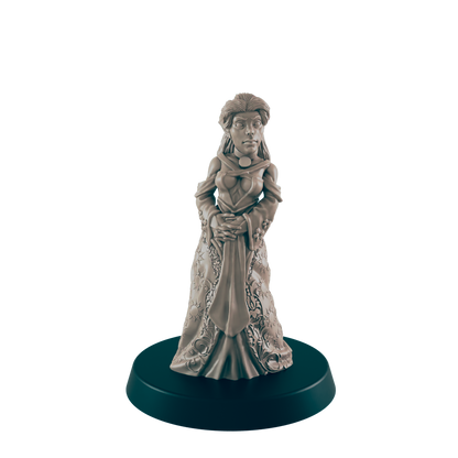 A sculpted female figure, standing in an ornate gown, is presented on a dark circular base.