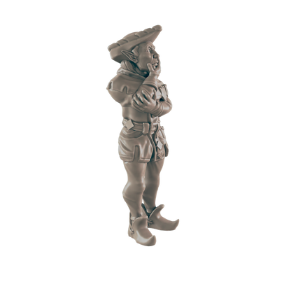 A small, grey figurine of a gnome, appearing pensive with hand to chin, stands against a black background.