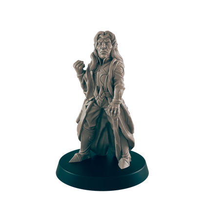 An elf figure stands holding a small round object with a cape and long hair, set against a black background on a small base.