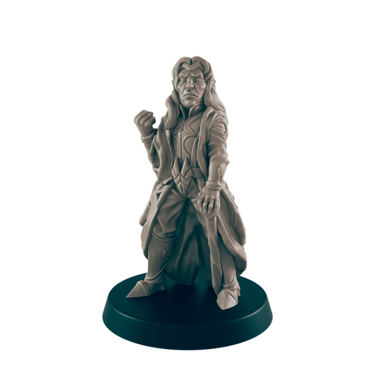 An elf figure stands holding a small round object with a cape and long hair, set against a black background on a small base.