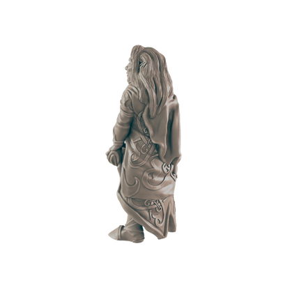 A figure stands in a black void. It wears flowing robes, with detailed swirls upon the front and back. Long hair hangs down to its shoulders.