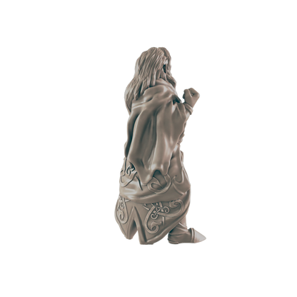 A miniature figurine of a long-haired figure, possibly a dwarf, stands in a fighting pose against a dark background.