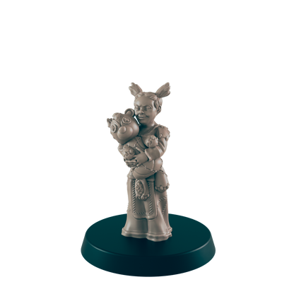 A sculpted girl lovingly holds a stuffed animal; she stands on a dark circular base, against a plain background.