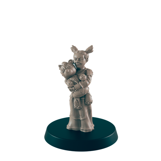 A sculpted girl lovingly holds a stuffed animal; she stands on a dark circular base, against a plain background.