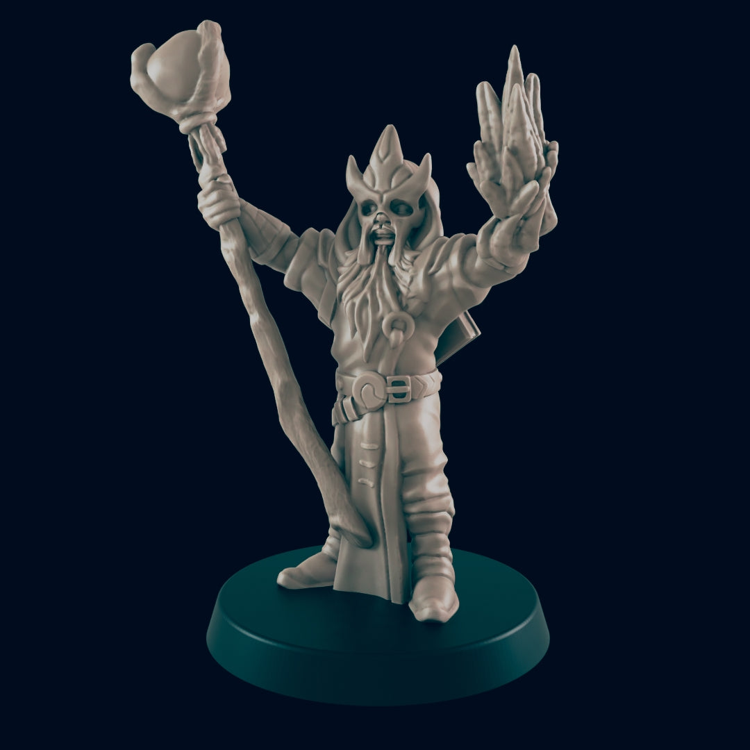 A miniature wizard figure, wielding a staff and casting a spell, stands on a circular base against a dark background.