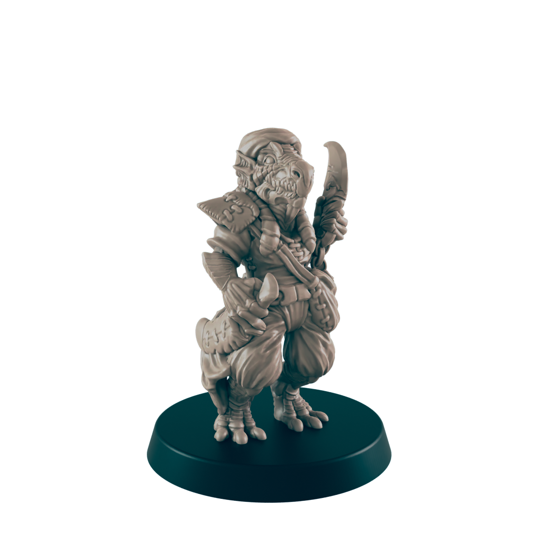 A miniature reptilian humanoid figure stands holding a curved blade, posed on a dark circular base against a dark background.