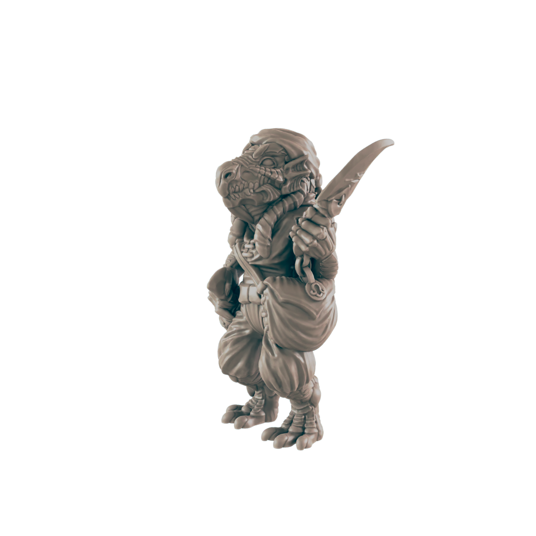 A miniature reptilian humanoid figure, stands holding a curved blade, against a dark background.