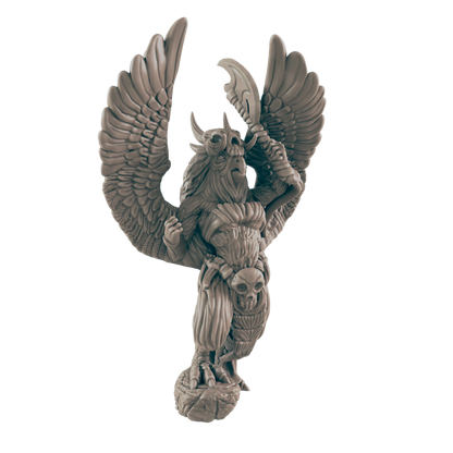 A winged, grey humanoid figure with a skull on its head holds a bladed weapon overhead. It stands atop a rocky base in a dark environment.