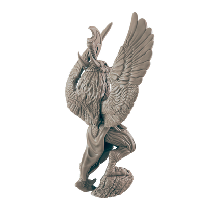 A winged, horned figure stands on rocky ground, the wings spread wide. He appears to be holding a crescent-shaped blade over his head against a dark navy background.