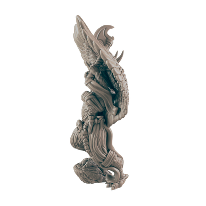 The grey-toned statue of a dragon-like creature with wings and horns stands vertically, wrapped in rope with fleshy material filling in the gaps against a dark blue background.