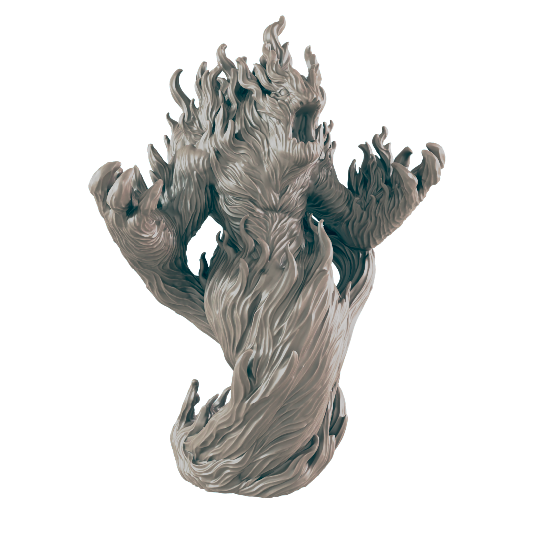A sculpted, flame-like beast figure, rearing up on its hind legs, is presented against a black background.