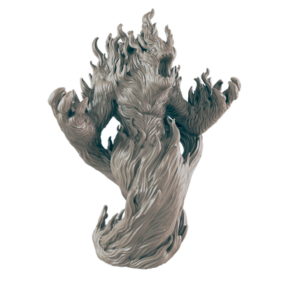 A sculpted, flame-like beast figure, rearing up on its hind legs, is presented against a black background.