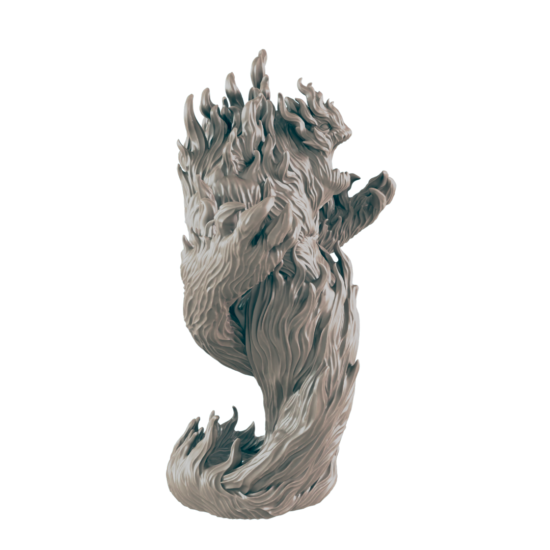 A sculpted figure, resembling flowing flames or hair, stands alone against a black background.