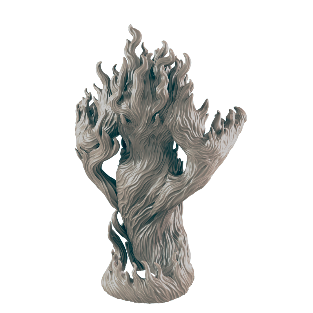 A sculpted figure, resembling a humanoid engulfed in flames, stands against a dark background.  The figure is light grey, with textures suggesting fire and movement.