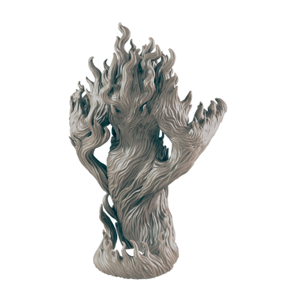 A sculpted figure, resembling a humanoid engulfed in flames, stands against a dark background.  The figure is light grey, with textures suggesting fire and movement.