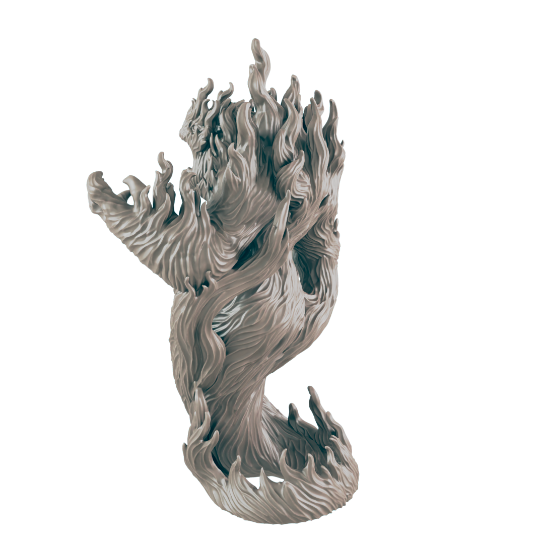A sculpted, light-grey flame, swirling upward, sits against a dark background.