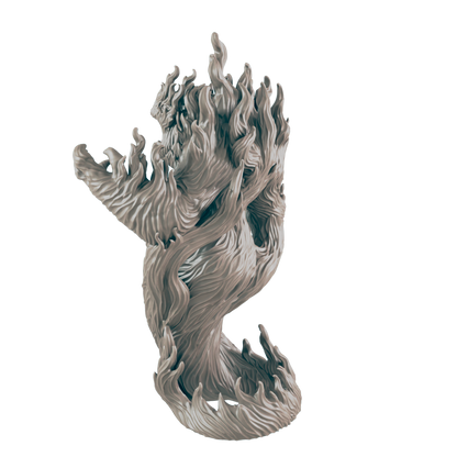 A sculpted, light-grey flame, swirling upward, sits against a dark background.