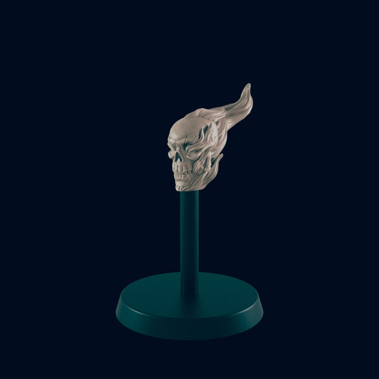 A skull with flowing protrusions sits atop a dark teal stand in a dark teal environment.