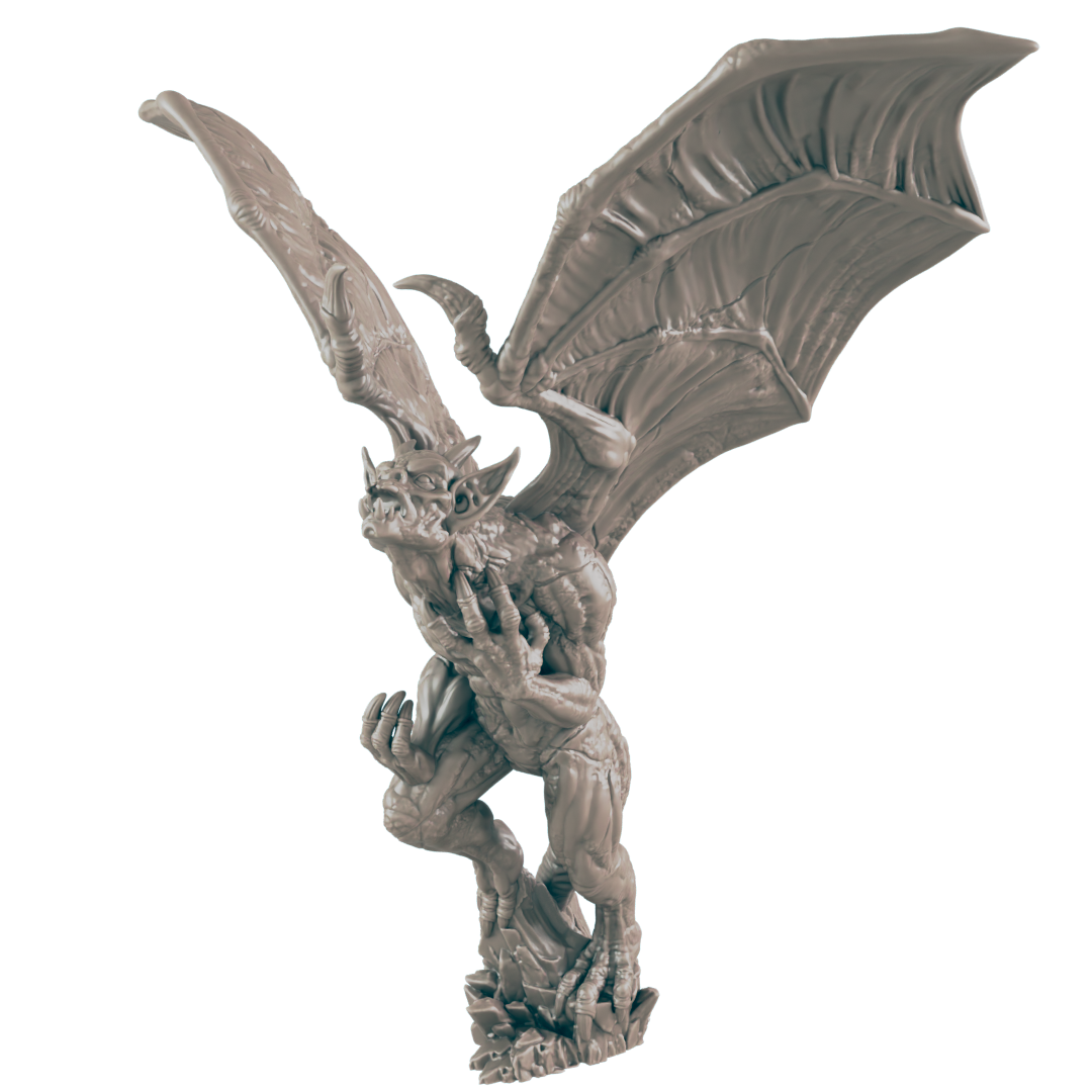 A gargoyle miniature, poised mid-flight, claws outstretched, is shown against a dark background.