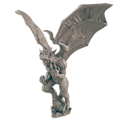 A gargoyle miniature, poised mid-flight, claws outstretched, is shown against a dark background.