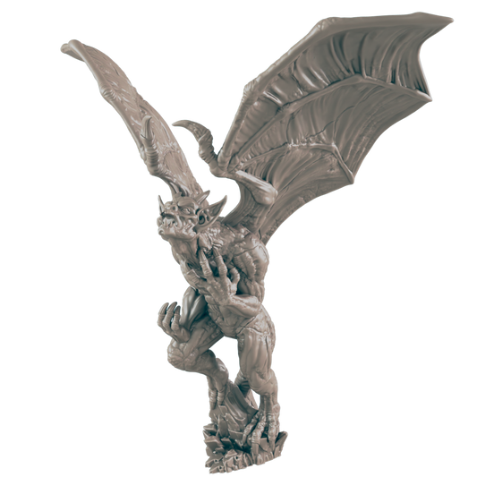 A gargoyle miniature, poised mid-flight, claws outstretched, is shown against a dark background.
