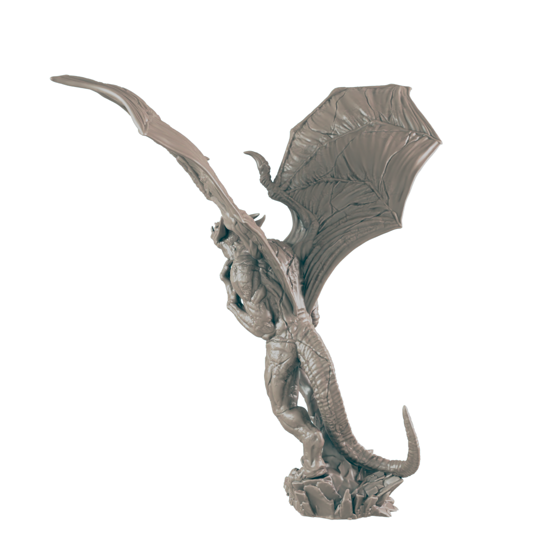 A dragon statue, posed mid-flight, stands on a rocky base against a dark background.