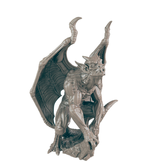 A gray gargoyle crouches on a rocky base. It has large wings spread, long horns, sharp teeth, and claws.