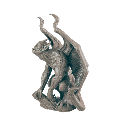 A gargoyle with long, curved horns perches atop a rocky base, its leathery wings folded behind it. The figure is grey and textured, appearing to be carved from stone.