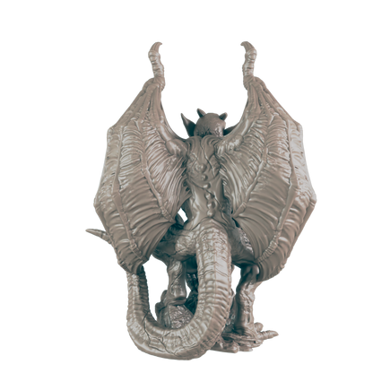A gray, winged creature, possibly a dragon or griffin, is depicted from behind; its wings are raised, and its body is curled.  The figurine appears to be made of sculpted material.