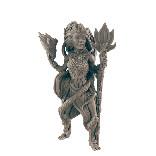 A nature spirit stands, holding a lotus-topped staff in her right hand and a fanlike object in her left, vines circling her body. The background is black.