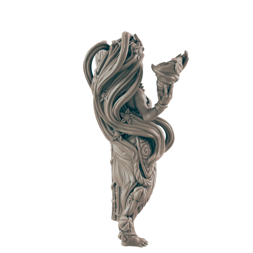 A sculpted figurine of a woman, appearing to hold a swirling object, stands against a dark background.  Her hair and dress are intricately sculpted to resemble vines and flowers.