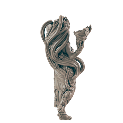 A sculpted figurine of a woman, appearing to hold a swirling object, stands against a dark background.  Her hair and dress are intricately sculpted to resemble vines and flowers.
