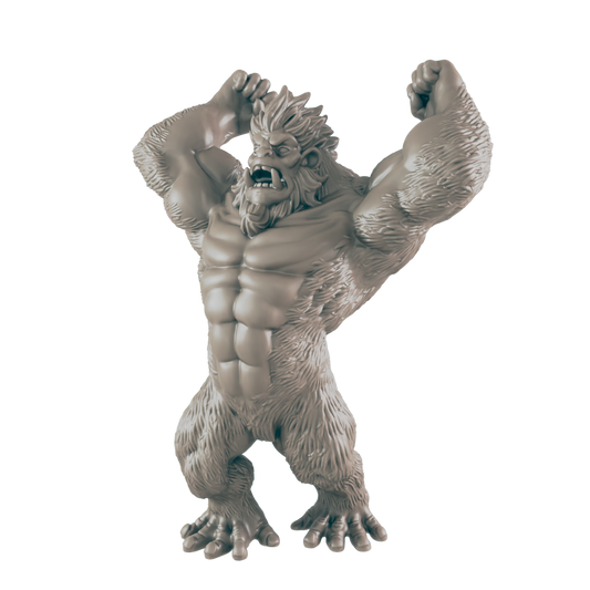 A muscular, furry ape statue roars, arms raised in a defiant pose, against a black background.
