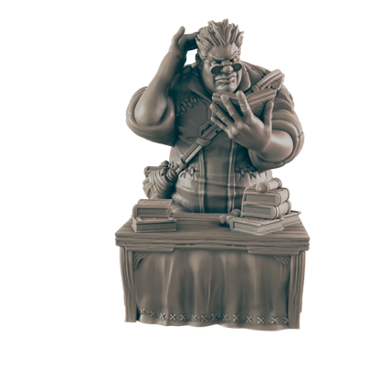 A sculpted figure of a stout, bespectacled man, seated behind a table, studies a book while scratching his head.  Books and other items are on the table.  The setting appears to be a study or workshop.