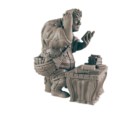 A stout, sculpted gnome figure sits at a small table, examining an item in his hand, within a dark setting.