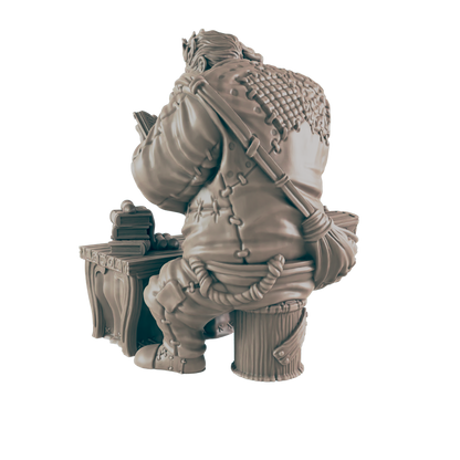 A stout, robed figure sits at a small desk, reading a book.  A satchel hangs from his back.  The scene is sculpted in muted tones.