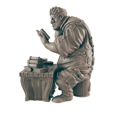 A stout figure, seated at a small desk, is studying a book.  Books and papers are piled on the desk. The setting appears to be a study or office.