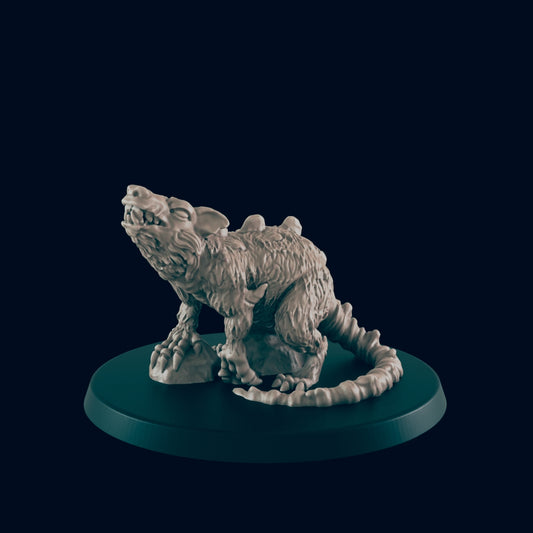 A rat-like creature figurine, snarling, sits on a dark circular base.