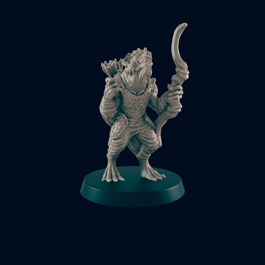 A miniature lizard-like humanoid figure, holding a curved bow and quiver, stands on a dark circular base against a black background.